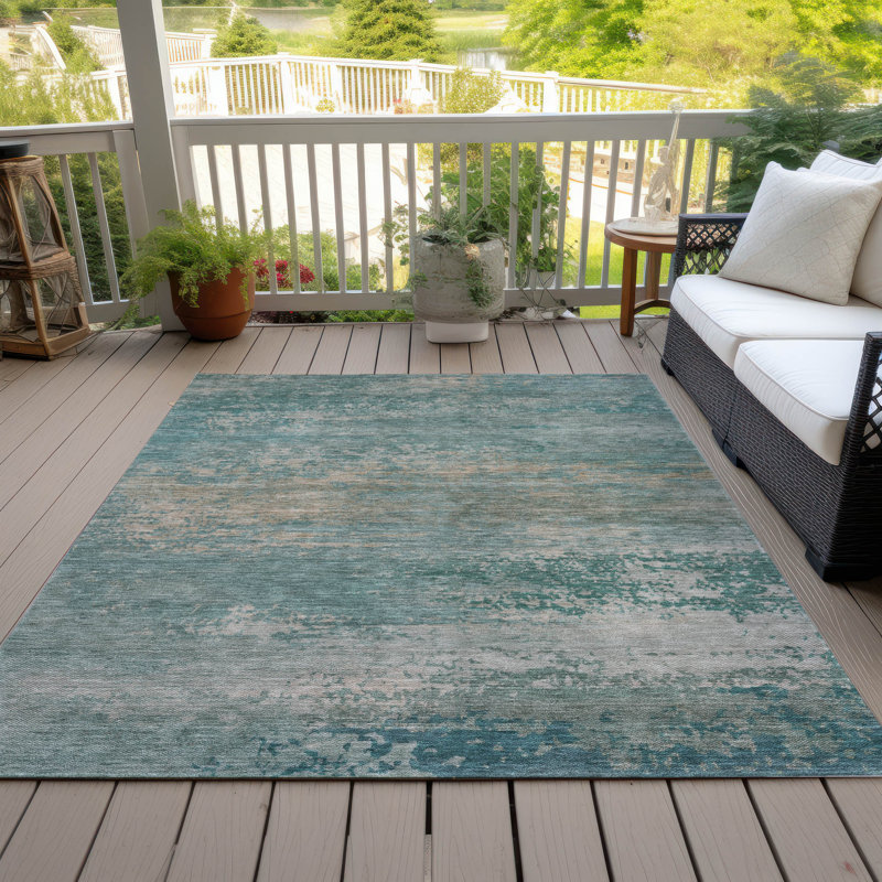 Tapis turquoise Xhevrie intérieur / extérieur lavable à la machine, Rectangle 10 pi x 14 pi