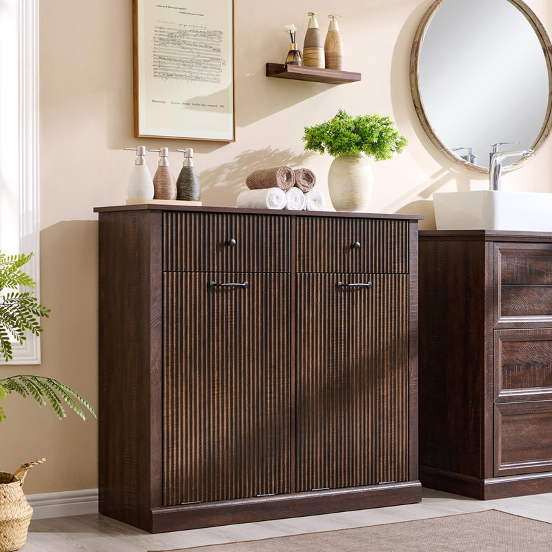 Modern Tilt-out Laundry Hamper Cabinet with Drawers, Fluted Laundry Storage Basket for Bathroom, Brown, Double Door