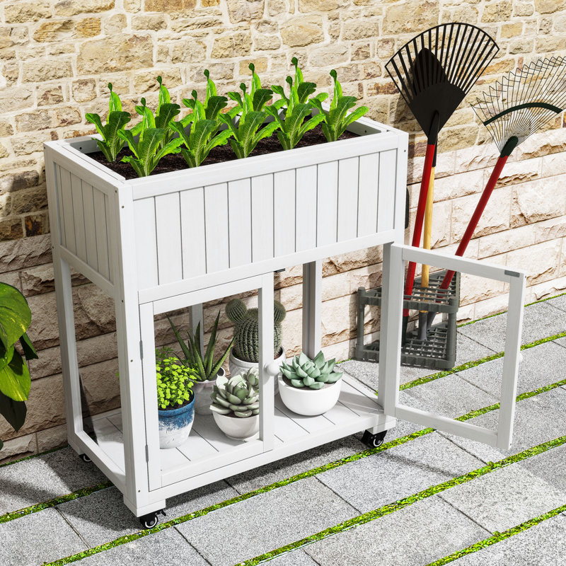 Mini Wood Cold Frame Greenhouse with Wheels, Raised Bed and Liner, White
