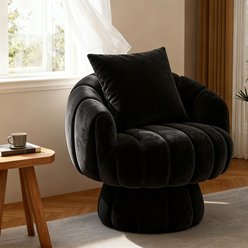 Fauteuil demi-tonneau rembourré rembourré avec coussin, Velours noir