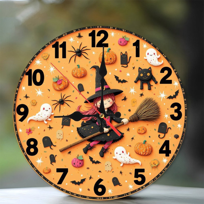 Sorcière volant sur une horloge d'Halloween sur balai