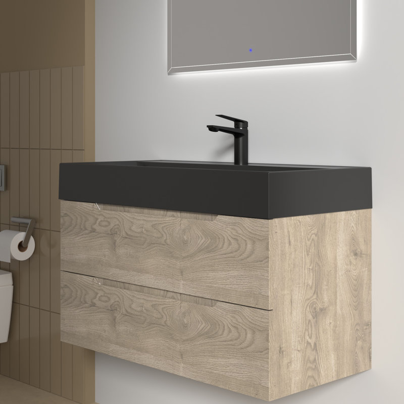 40" Single Bathroom Vanity Wall-mounted Floating vanities with Black Resin Stone Top,2 Drawers Modern for Small Bathroom, 40"