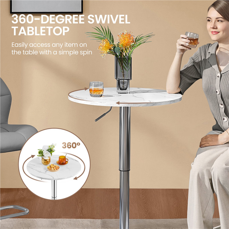 Round Metal Base Dining Table, Silver, White Marble