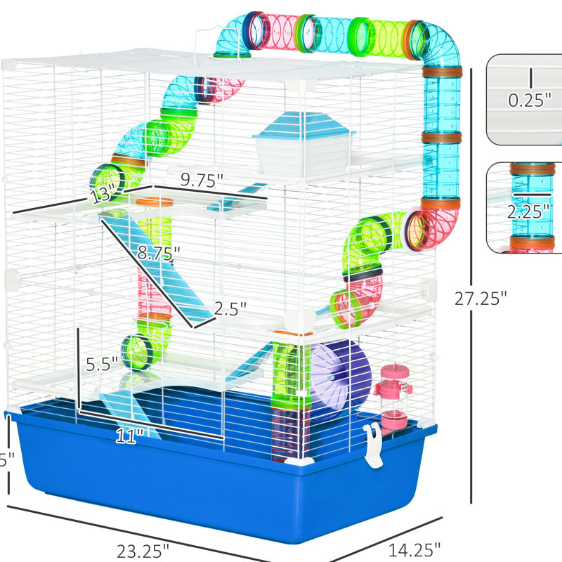 Très grand hamster 23 po - 5 avec tubes et tunnels, poignées portatives, roue d'exercice, bouteille d'eau, plat à nourriture, cage bleue de 5 étages