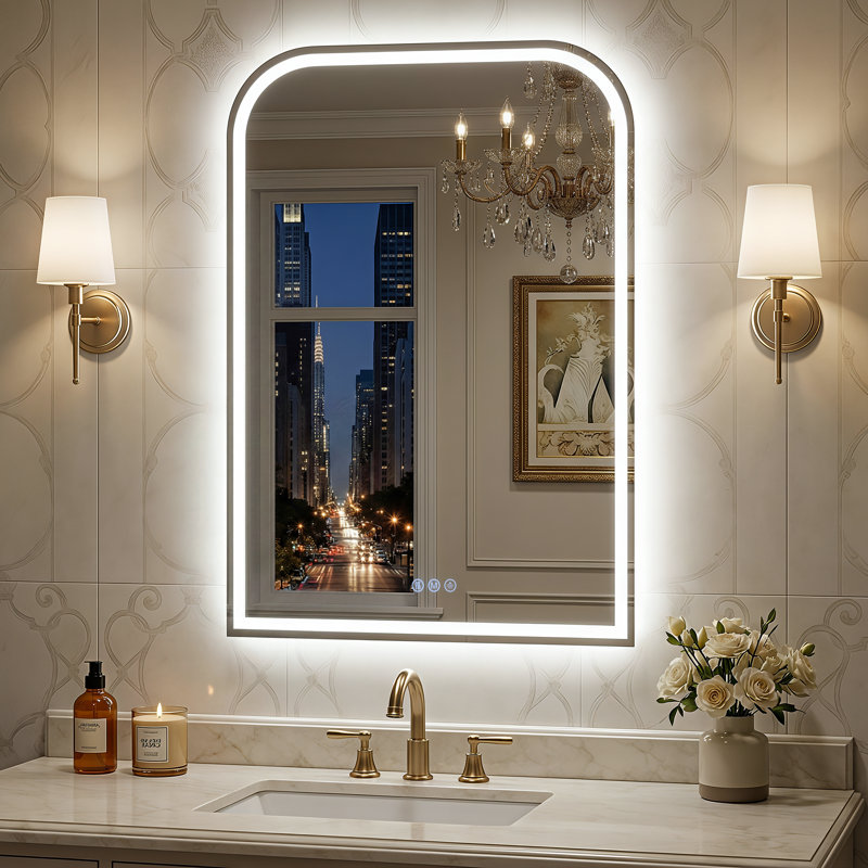 Miroir de salle de bain à DEL arqué, lumière réglable, verre antibuée, 24"×36"