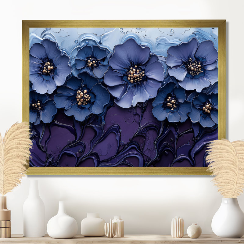 «Aqua Blue Poppies Dreamscape At Night II», art mural coquelicots, H 12 po x l 20 po, Cadre doré simple