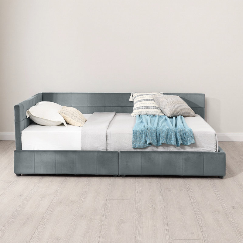 Grey Velvet Full-Size Tufted Sofa Bed Frame with Storage Drawers & Mid-Century Design, Gray, Full