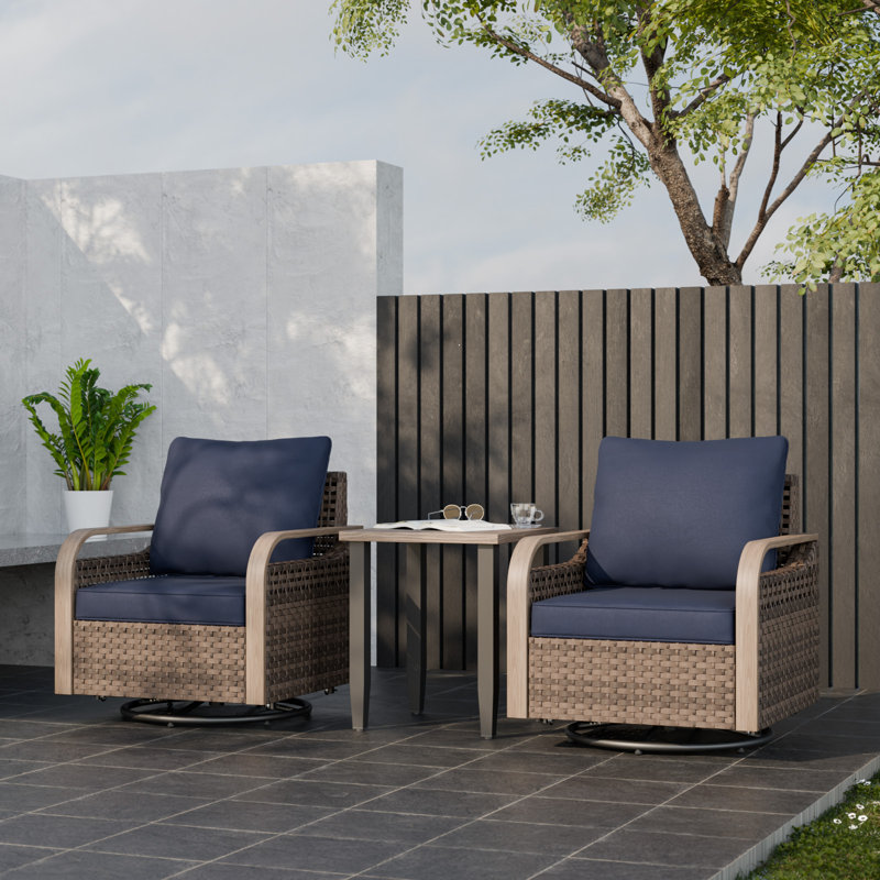 Ensemble de conversation d'extérieur pour 2 personnes avec coussins, ensemble de chaises de patio pivotantes en osier, Bleu