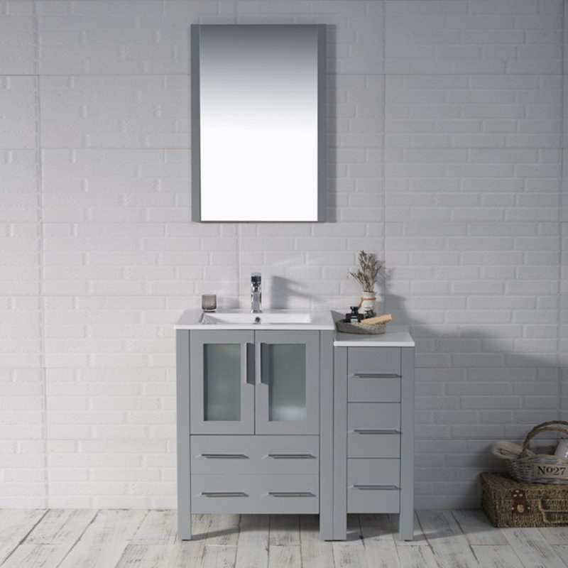 Mance 36" Single Bathroom Vanity - Ceramic Sink Top with Side Cabinet & Mirror - Storage Drawers, Soft-Close Doors – Modern Bathroom Cabinet for Small & Large Bathrooms
