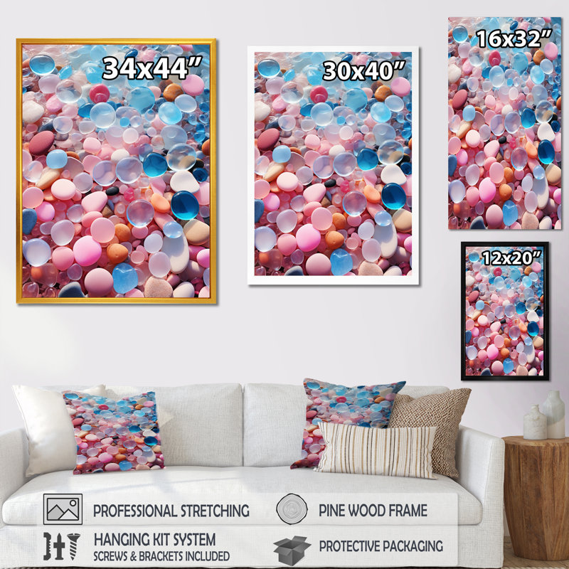 «Pink and Turquoise Pebble Tropical Beach», reproduction sur toile, H 32 po x l 24 po x P 1 po, Cadre flottant noir