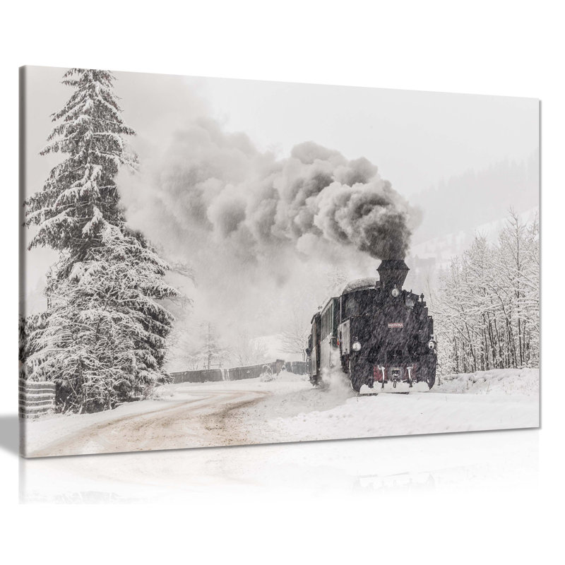 Approaching Old Vintage Train In Winter - Wrapped Canvas Print, 20cm H x 31cm W