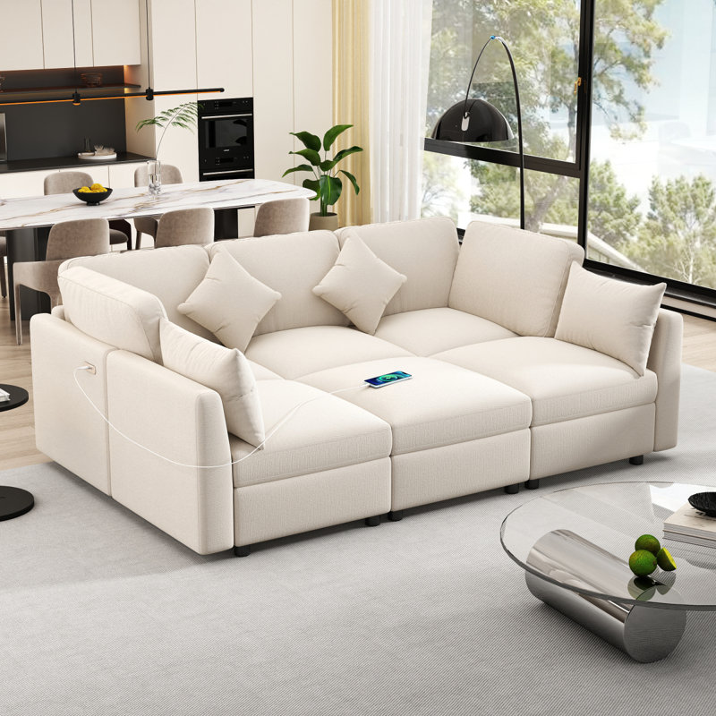 86,6 po Canapé modulaire Canapé modulaire Canapé-lit avec canapé en forme de L avec un repose-pieds mobile et deux ports USB pour le salon (ancien SKU: N719S001680A), beige