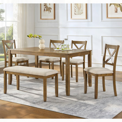 6-Piece Dining Table Set – Large Rectangular Table with Upholstered Bench & 4 X-Back Chairs, Solid Rubberwood Frame, Farmhouse Kitchen Furniture for F