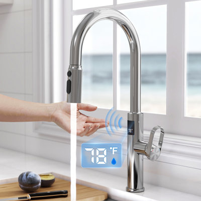 MASO Touchless Kitchen Faucet with Pull-Down Sprayer, Fahrenheit Temperature Display, 3 Spray Modes, 360° Swivel, Commercial Modern Faucet for RV, Farmhouse, Camper, Laundry & Bar, Polished Chrome