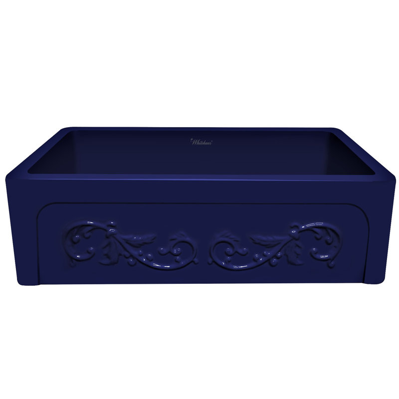 Whitehaus 33” Reversible Single Bowl Fireclay Kitchen Sink: Roman Vine, Beveled Front Apron, Blue