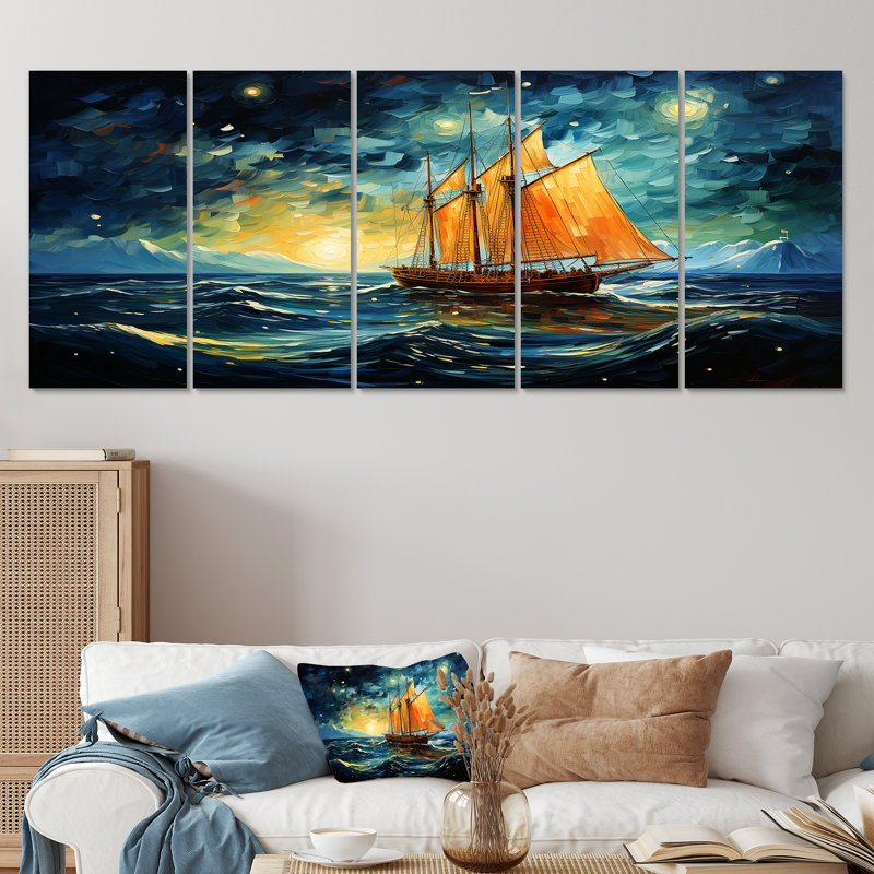«Moonlight Saiboat Horizon III - Bateau à voile», art mural 5 pièces pour le salon, H 28 po x l 60 po