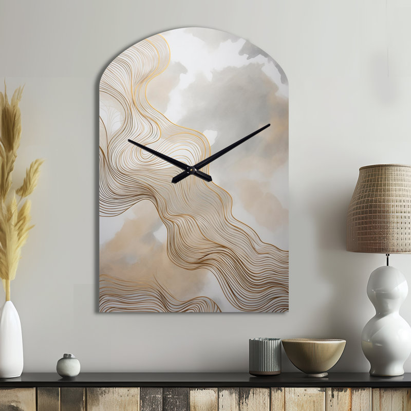 Gold And Grey Linear Expressions V - Line Art Asymmetrical Metal Wall Clock, Gold Arch Wall Clock Print, Medium
