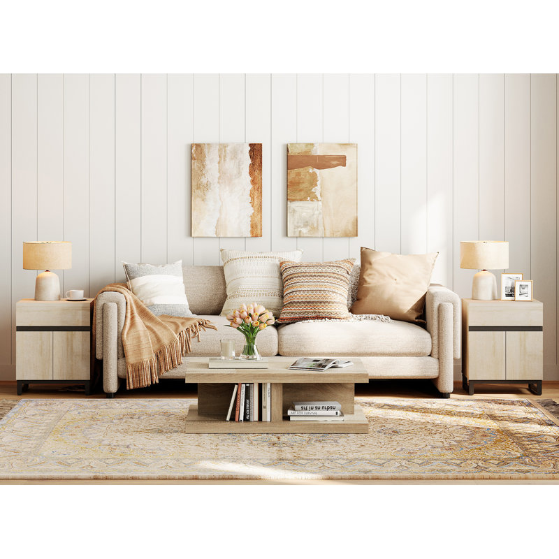 Epping 2 Piece Modern End Table With 1 Drawer & 1 Storage Cabinet, Farmhouse Sofa Table, Wooden Rustic Side Sofa Table With Metal Leg For Living Room, Nighstand For Bedroom