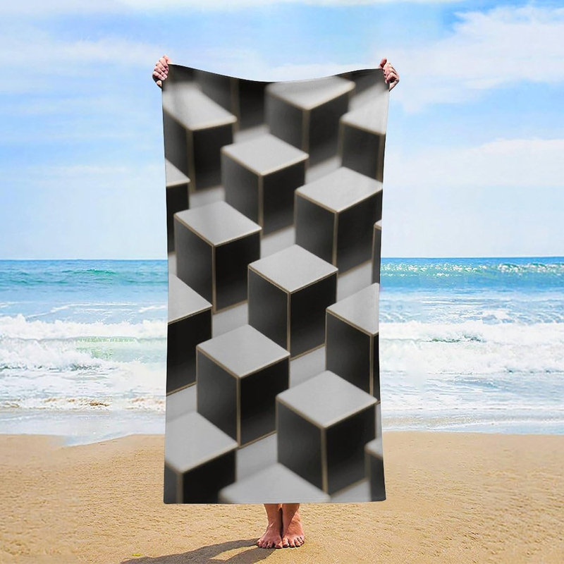 Quick Dry Microfiber Black Grey Cubes Beach Towel, 32 x 63 in