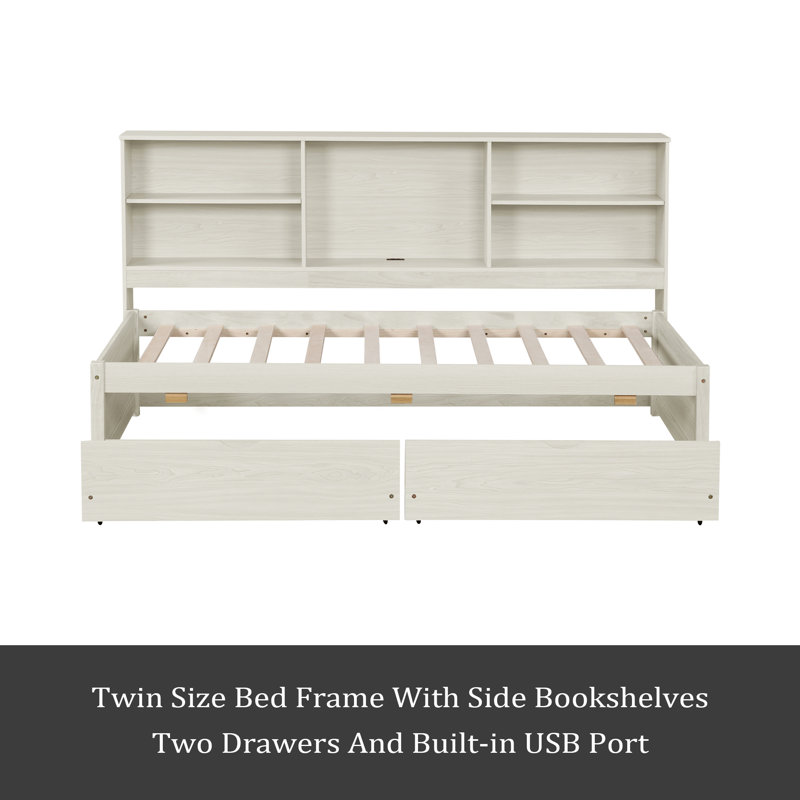 Twin Size Bed Frame With Side Bookshelves, Two Drawers, And Built-In USB Port, Creamy