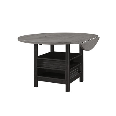 1pc Farmhouse Contemporary Counter Height Table with Storage Single Pedestal Round Black Gray Natural Grain Integrated Turntable Drop Leaves and Built-in Shelving