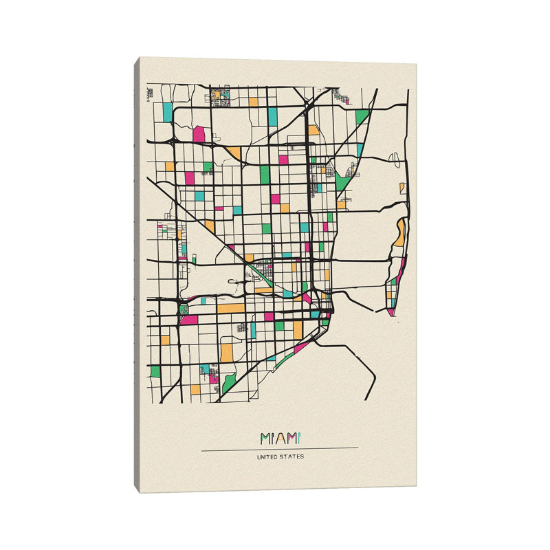 Miami, Florida Map by Ayse Deniz Akerman - Wrapped Canvas Print, 20.32 cm H x 30.48 cm W