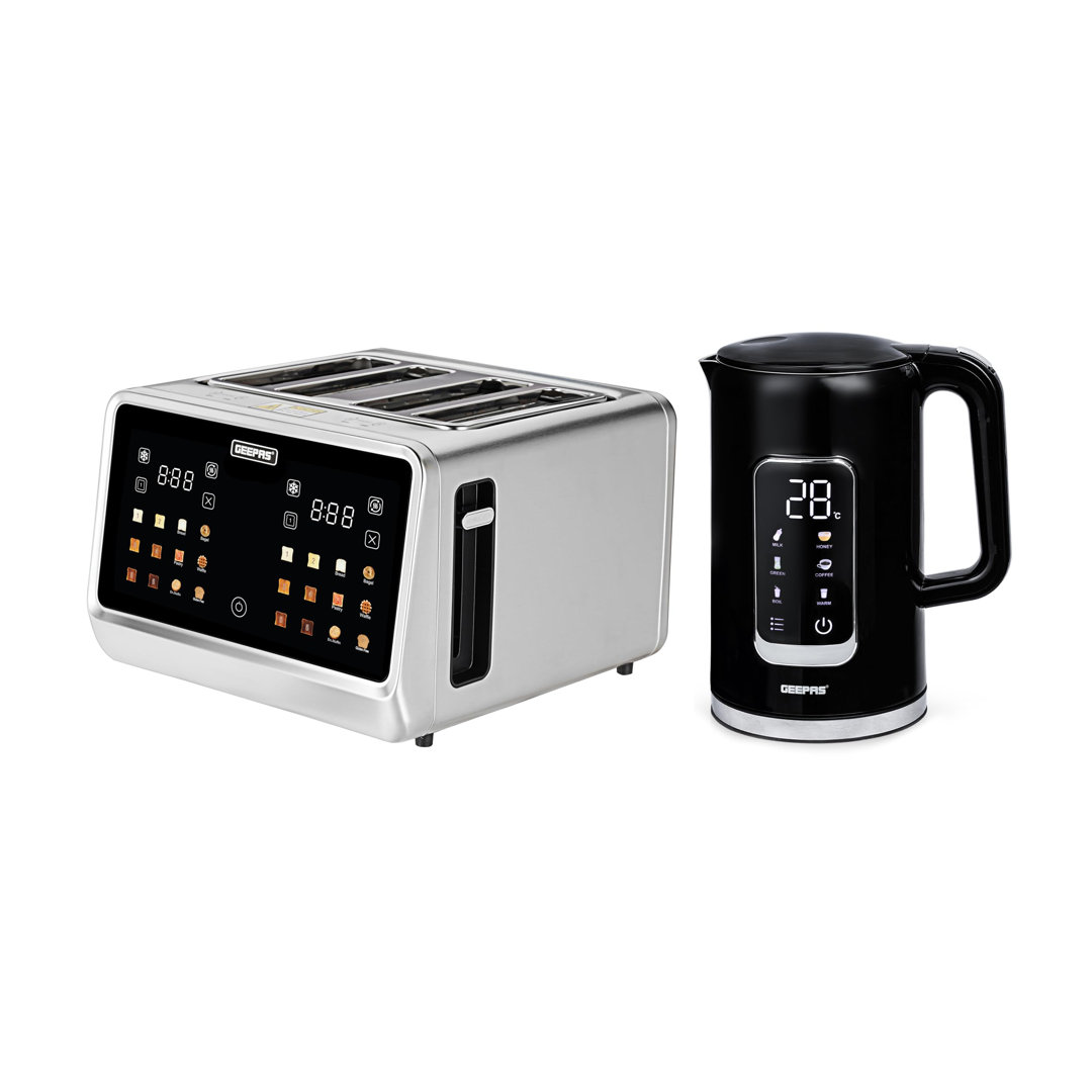 Geepas 5-in-1 Digital 4 Slice Long Toaster & Electric Kettle Set | 5 Temperature Settings Keep Warm Function 2200w 1.7l Cordless Jug Kettle | 6 Browni