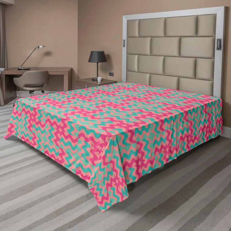 Drap plat moderne de style bohème Ambesonne, Full Flat Sheet, Écume de mer foncé / motif abstrait rose vif