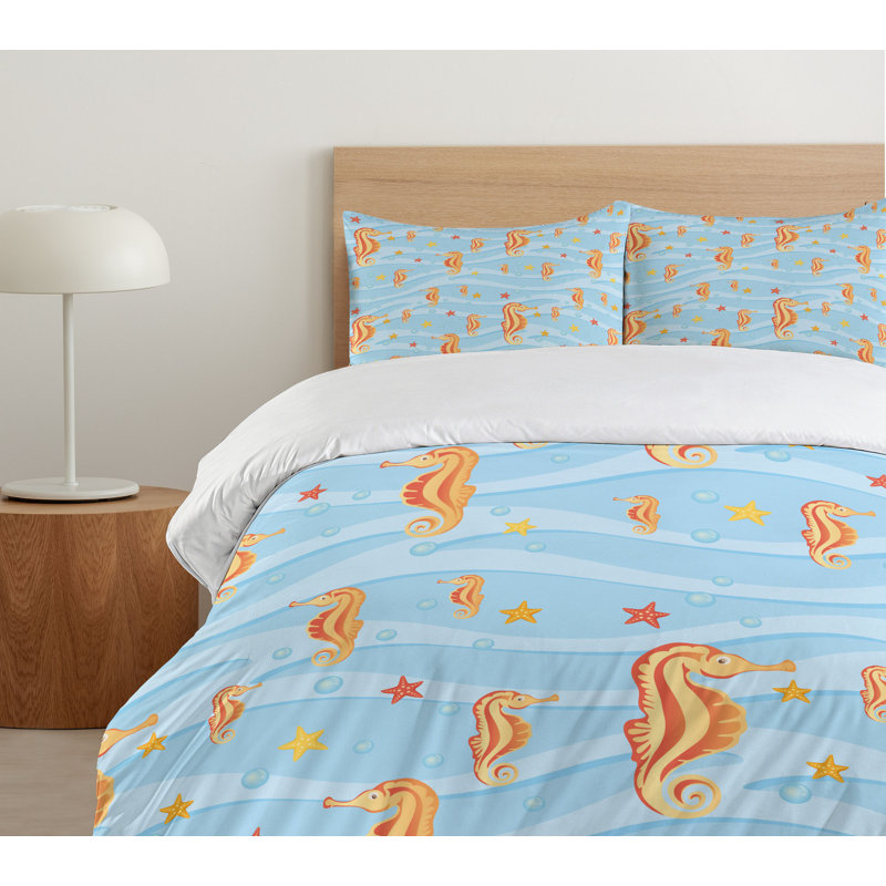 Orange Blue Queen Kids' Seahorse Duvet Cover Set