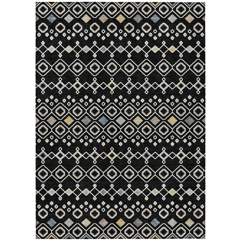 3' X 5' Black Ivory And Blue Geometric Washable Indoor Outdoor Area Rug