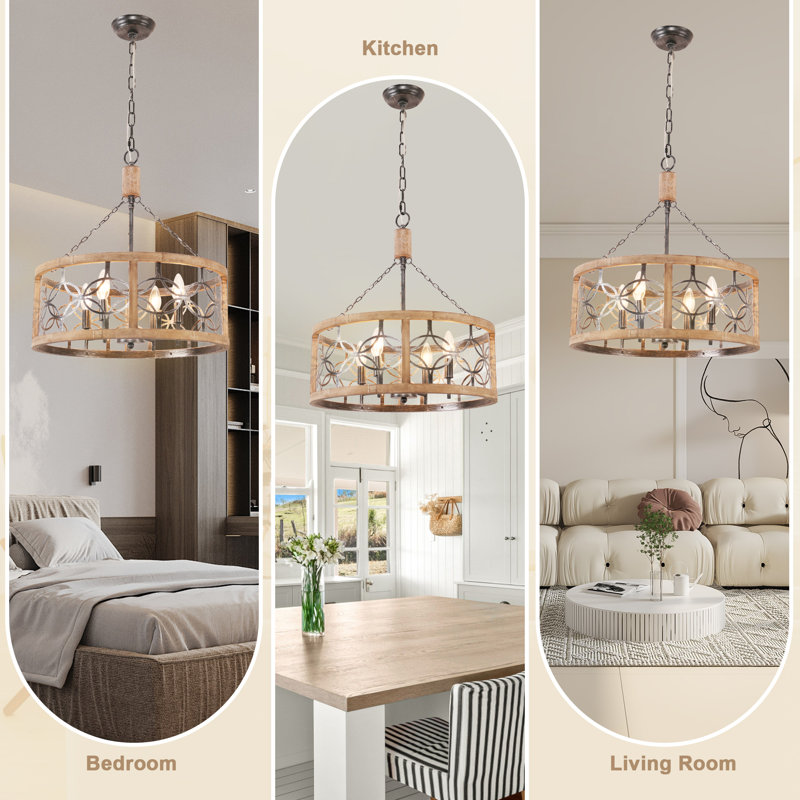 Ambrose 19.7" 4-Light Farmhouse Drum Cgaed Chandelier for Kitchen Island, Solide Wood Adjustable Pnendat Light