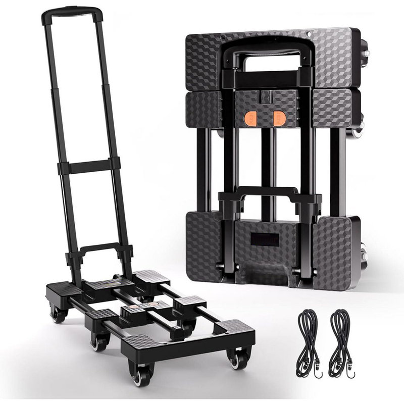 Diable pliable à 6 roues, 500 lb Capacité de chariot avec poignée réglable et cordons élastiques pour le déplacement, le voyage, le magasinage, le garage et le bureau