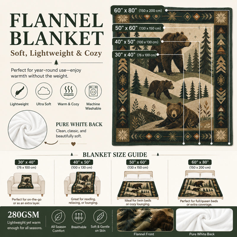 Plaid en flanelle à motif d'ours, pins de montagne et bordure géométrique, style rustique, idéal pour canapé, lit, chalet ou coin lecture, 152 x 203 cm