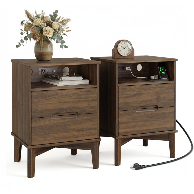  Ensemble de table de chevet Mid-Century avec tablette ouverte et station de charge, Noyer foncé
