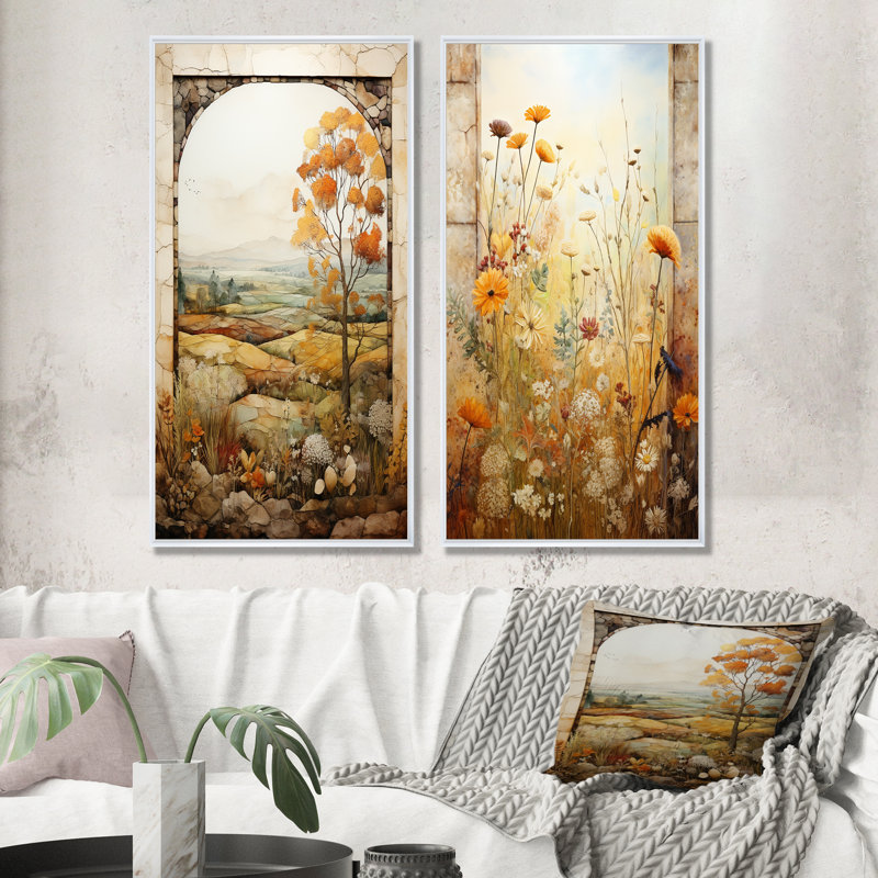 Ensemble de salon de jardin vert et jaune avec vue sur la prairie I - Meadow, Cadre flottant blanc, H 28 po x l 25 po