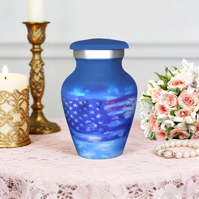 Small Urns For Human Ashes Keepsake, Mini Urn For Ashes Adult Male & Female, Miniature Decorative Urns, Cremation Container, Blue Sky And White Clouds, Patriotic Flag, Veteran Urn - Little