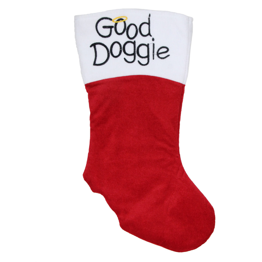 19" Red and White Embroidered Halo "Good Doggie" Christmas Stocking with Cuff Northlight Seasonal