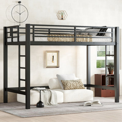 Lit mezzanine simple en métal de taille XL, lit mezzanine avec échelle facile à monter et garde-corps, noir