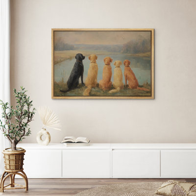 «Serene Lakeside Dogs Sitting by the Water Peaceful Countryside Landscape», reproduction d'art sur toile encadrée