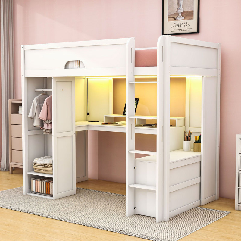 Lit mezzanine en bois avec bureau intégré, garde-robe, ports de chargement USB et bande lumineuse à DEL, Twin, White