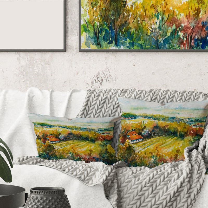 Carré, paysage d'automne champêtre - Coussin décoratif à imprimé champêtre, 16" x 16"