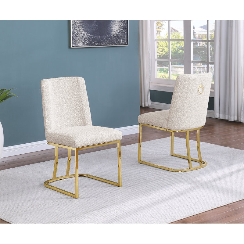 Minimal Side Chairs With Boucle Fabric Base, Cream, Gold