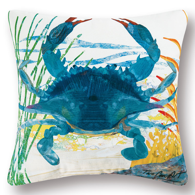 Blue Crab Coastal Indoor/Outdoor Polyester Throw Pillow