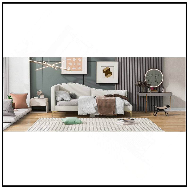 Lit de jour simple rembourré en lin avec tête de lit, accoudoirs et pieds de soutien pour une élégance et un confort modernes