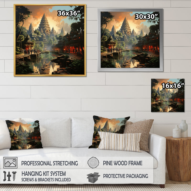 Asian Art Journey To Angkor VII, reproduction d'art sur toile, Cadre flottant doré, H 36 po x l 36 po x P 1,5 po