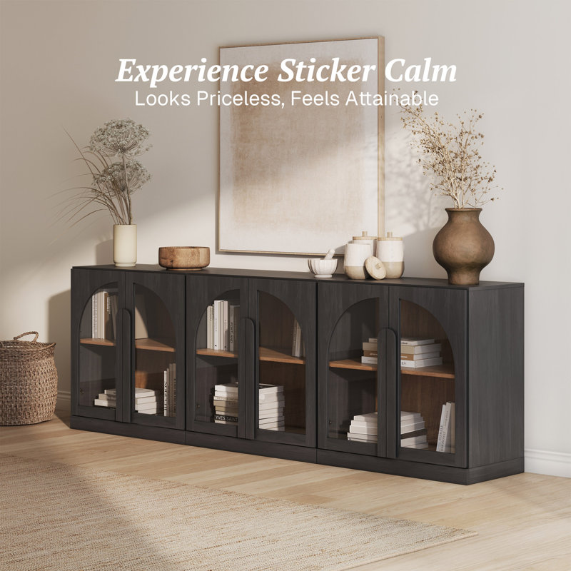 Set of 3 Arched Sideboard Cabinet w/Glass Doors & Shelf, Ebony, Ebony