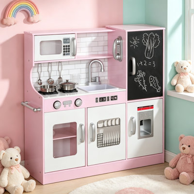 Pink Wooden Play Kitchen for Kids, Pretend Toy Kitchen Set with Play Phone, Chalkboard, Towel Rack, Ice Maker, Microwave, Sink & Storage – Gift for Ages 3-8
