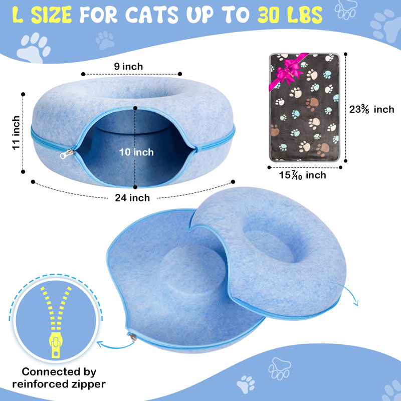 Grand lit tunnel pour chat, 2 pièces, bleu - 24 pouces, Bleu / bleu