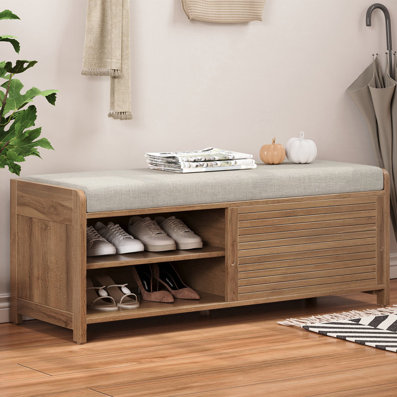 Banc de rangement patiné avec placage d'acacia, Brun
