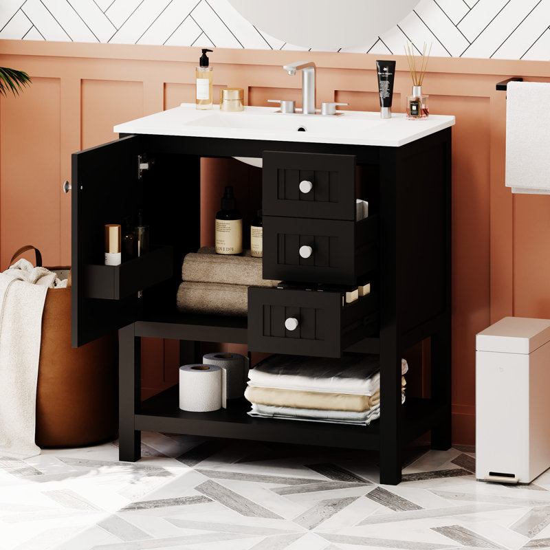 Armoire de meuble-lavabo de style transitionnel avec lavabo et tiroir en céramique, Argent, Noir